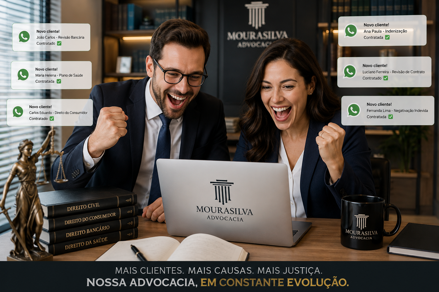 casal de advogados vibrando por está conquistando muitos clientes