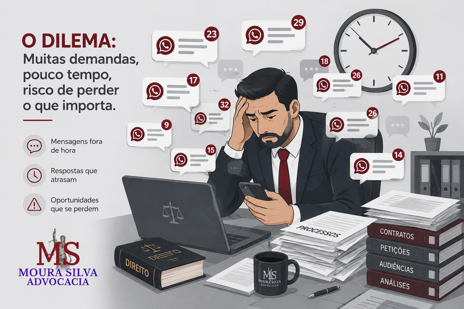advogado confuso com muita mensagens para receber